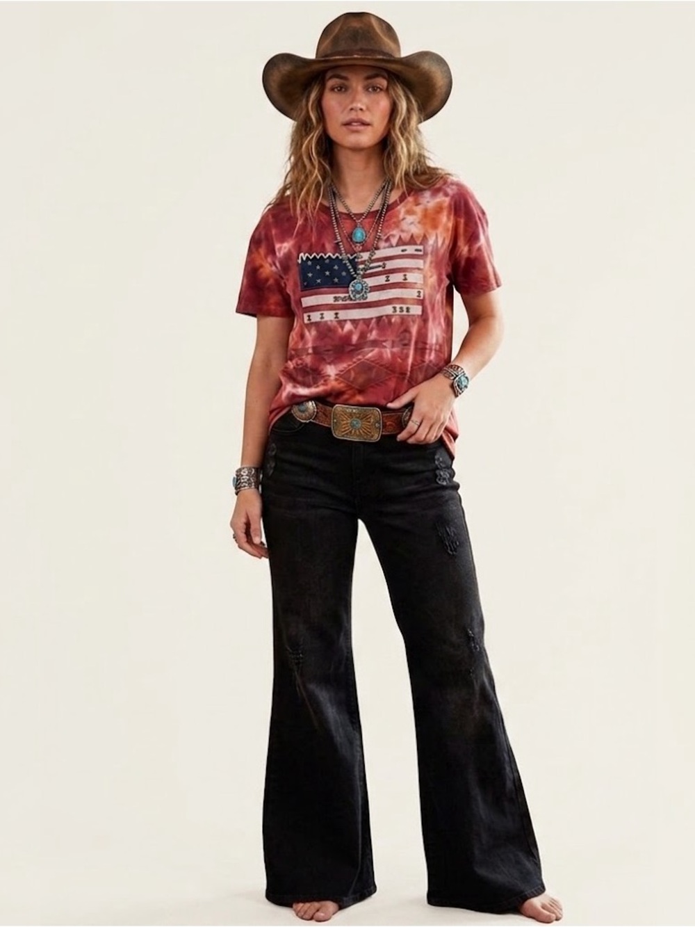 NWT Delila Texas Tie Dye Hand Stitched Studded Aztec Western Top- Boho Festival